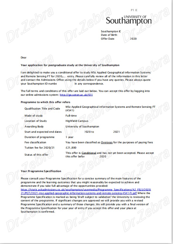 斑马博士、斑马博士留学中心、南安普顿大学、 University of Southampton 、MSc in Applied Geographical Information Systems and Remote Sensing 、 应用地理信息系统与遥感硕士