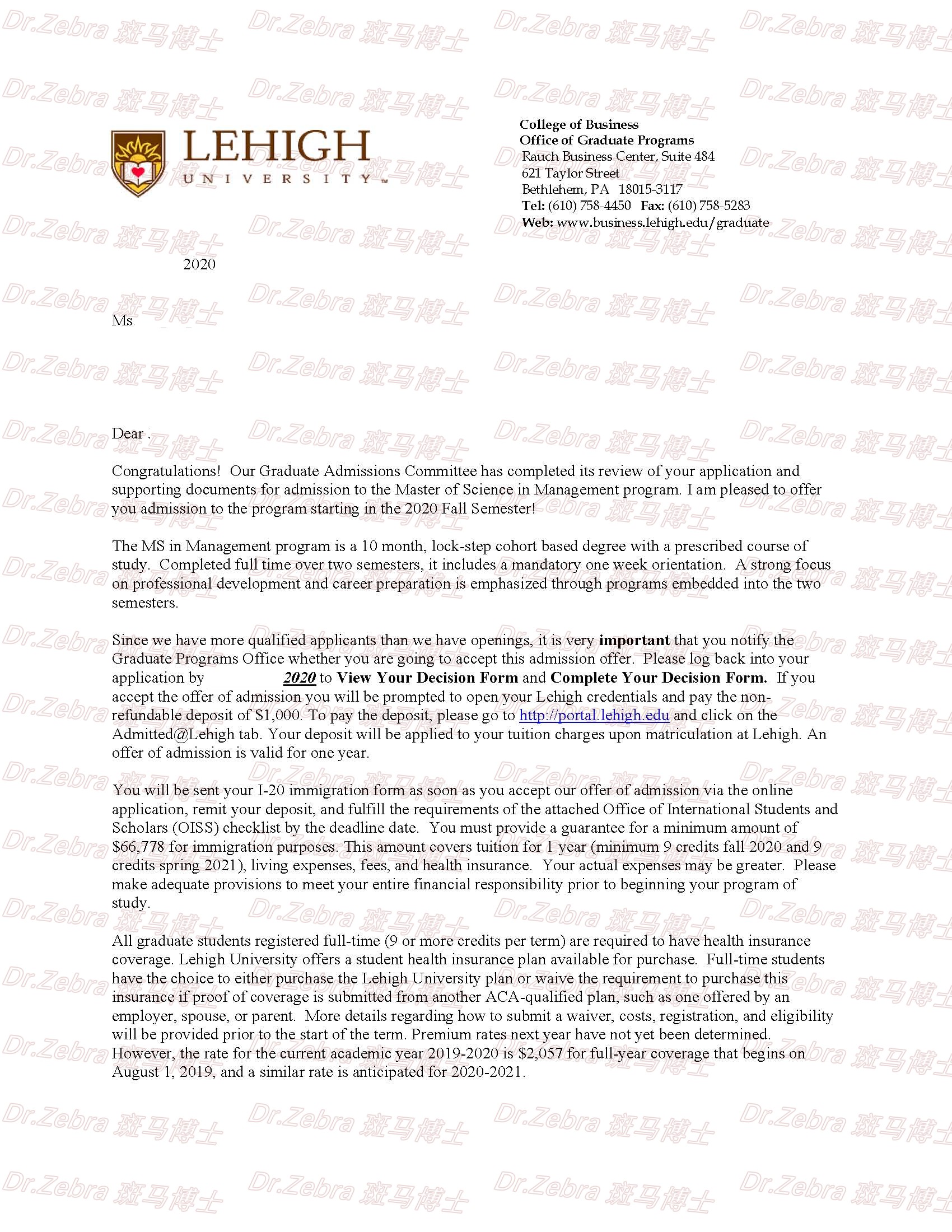 斑马博士、斑马博士留学中心、理海大学、Lehigh University 、MS in Management、 管理硕士