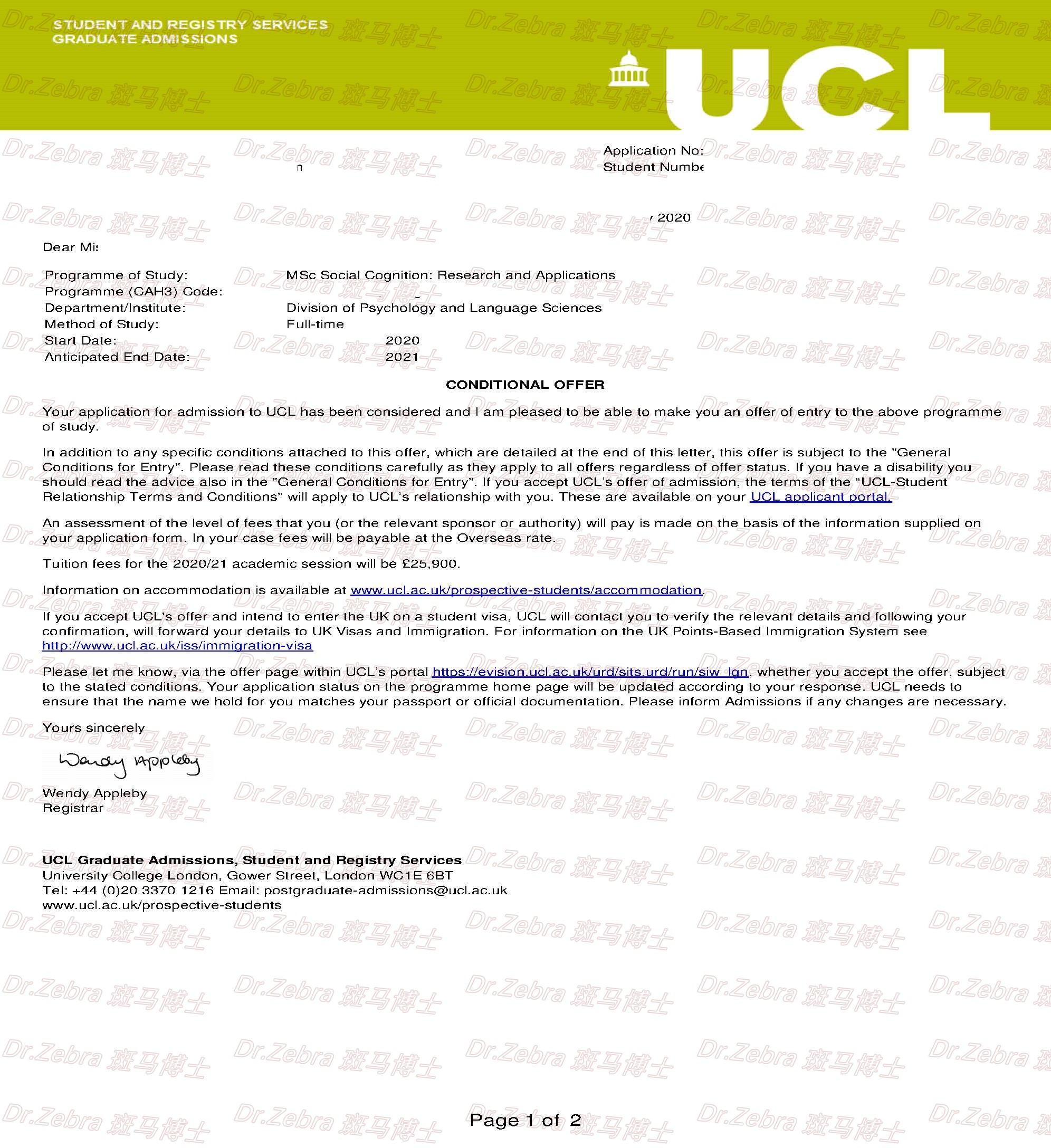 斑马博士、斑马博士留学中心、伦敦大学学院、 University College London、UCL、MSc Social Cognition: Research and Applications