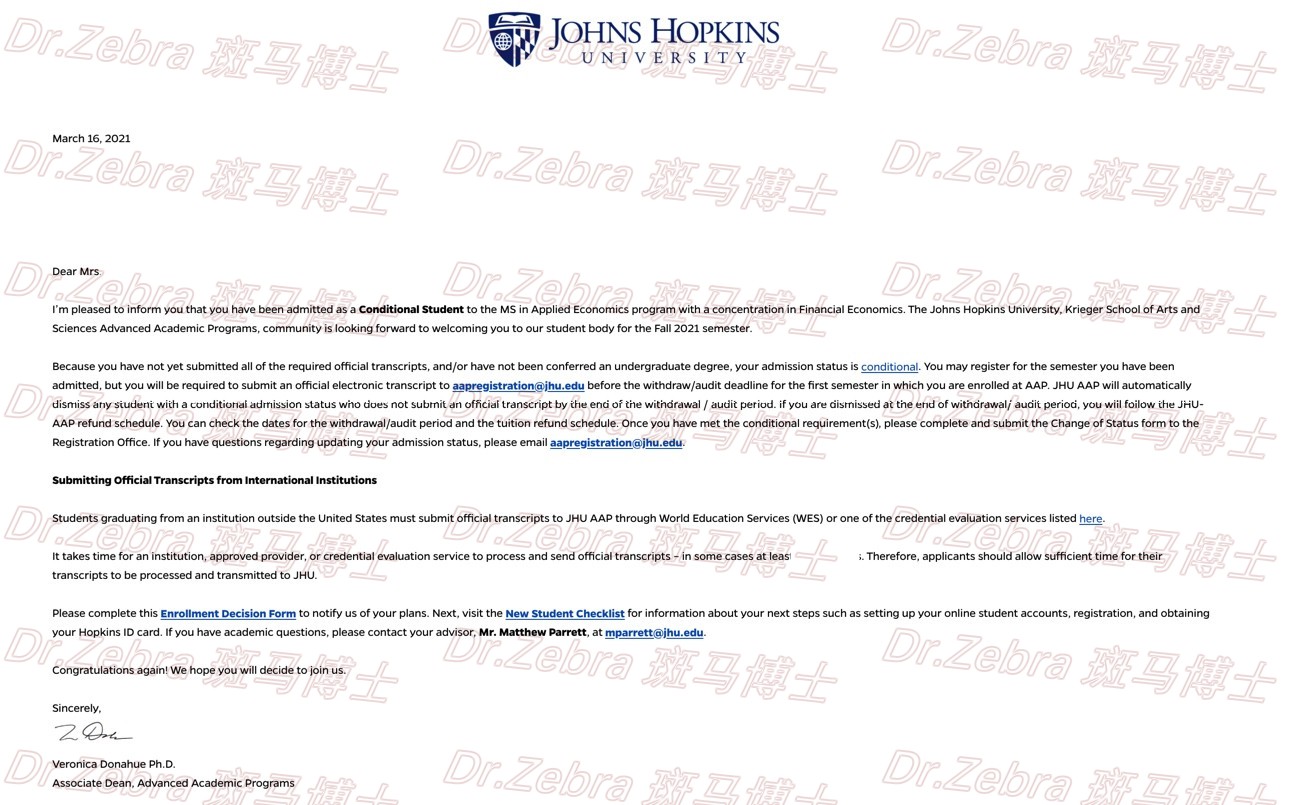 斑马博士、斑马博士留学中心、约翰霍普金斯大学、Johns Hopkins University、JHU、MS Applied Economics 、应用经济学硕士