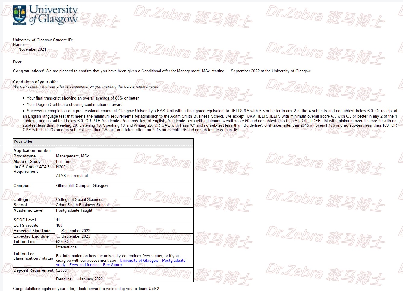 斑马博士、斑马博士留学中心、格拉斯哥大学、University of Glasgow 、MSc Management 、管理学硕士