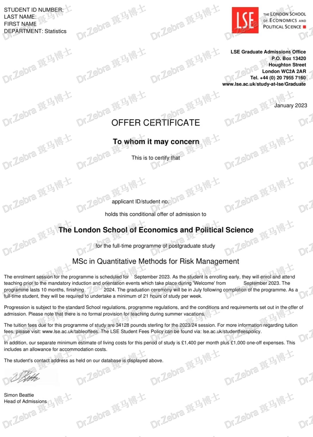 斑马博士、斑马博士留学中心、伦敦政治经济学院、The London School of Economics and Political Science、LSE、MSc Quantitative Methods for Risk Management、风险管理定量方法硕士