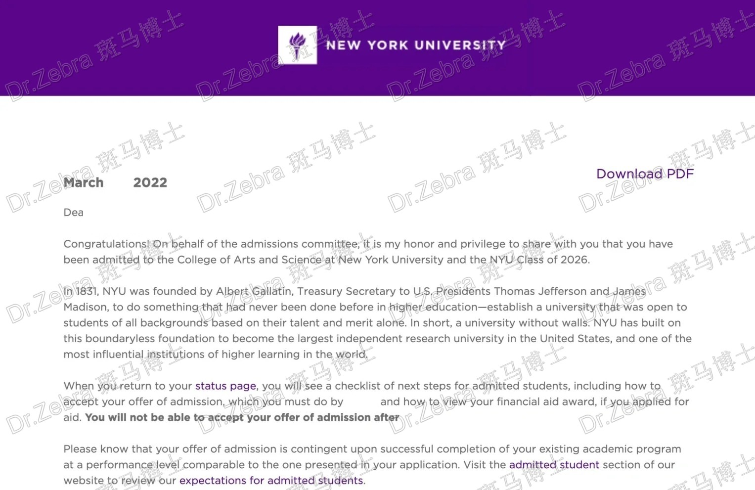 斑马博士、斑马博士留学中心、纽约大学、New York University、NYU、College of Arts and Science