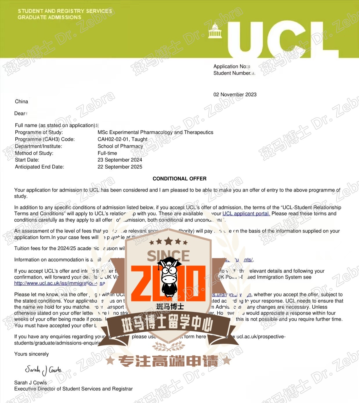 斑马博士，斑马博士留学中心，伦敦大学学院，University College London (UCL)， Experimental Pharmacology and Therapeutics MSc（EPT），实验药理学与治疗学硕士