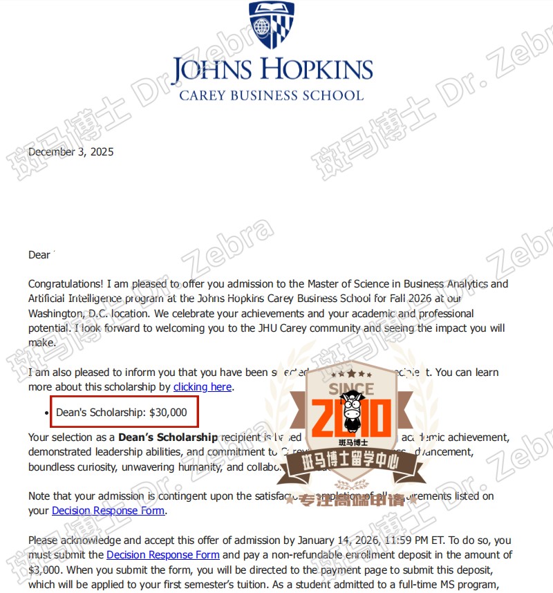 JHU MS in Business Analytics and Artificial Intelligence（BAAI）硕士录取+30000美元奖学金！