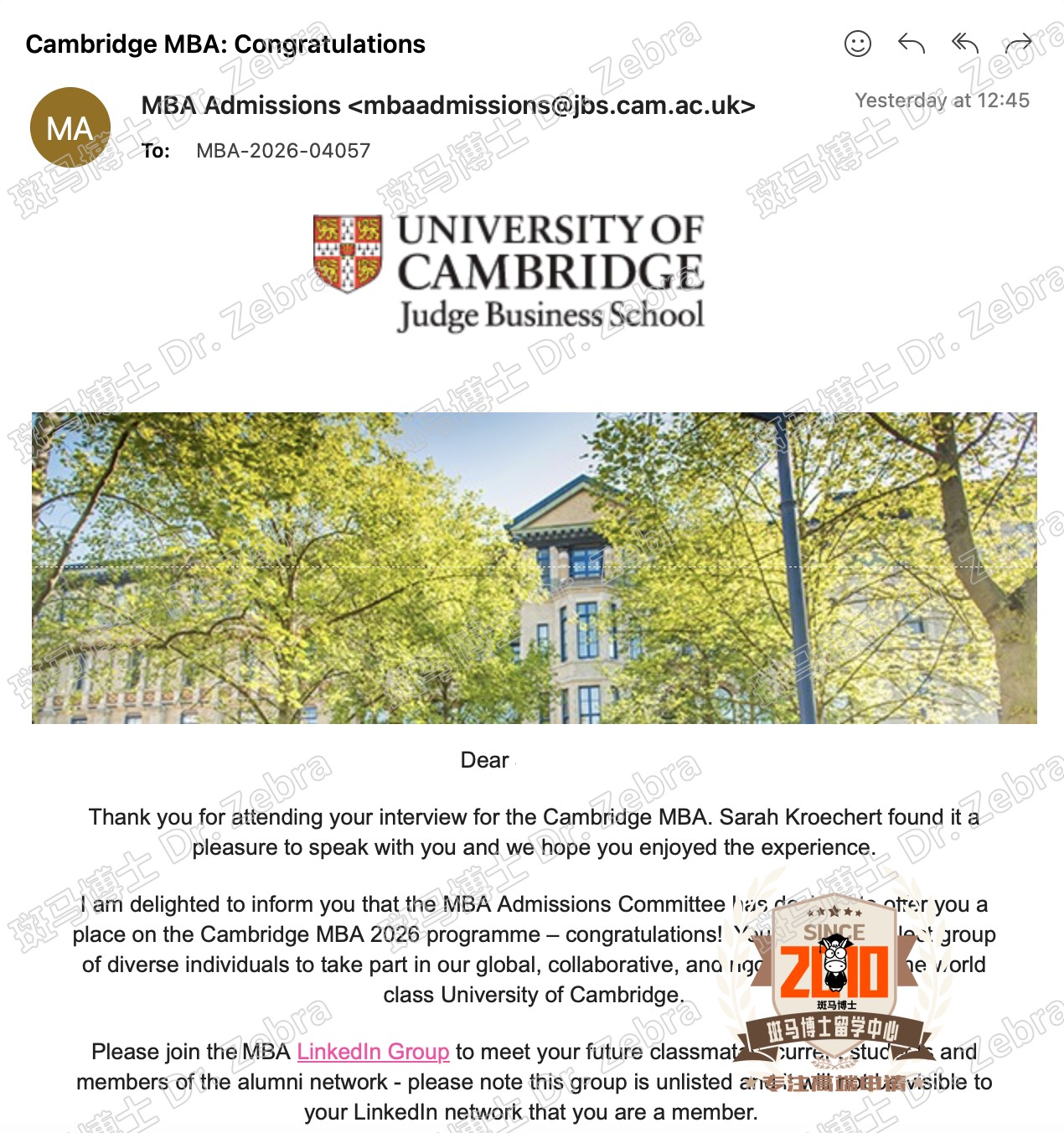 University of Cambridge MBA硕士录取！